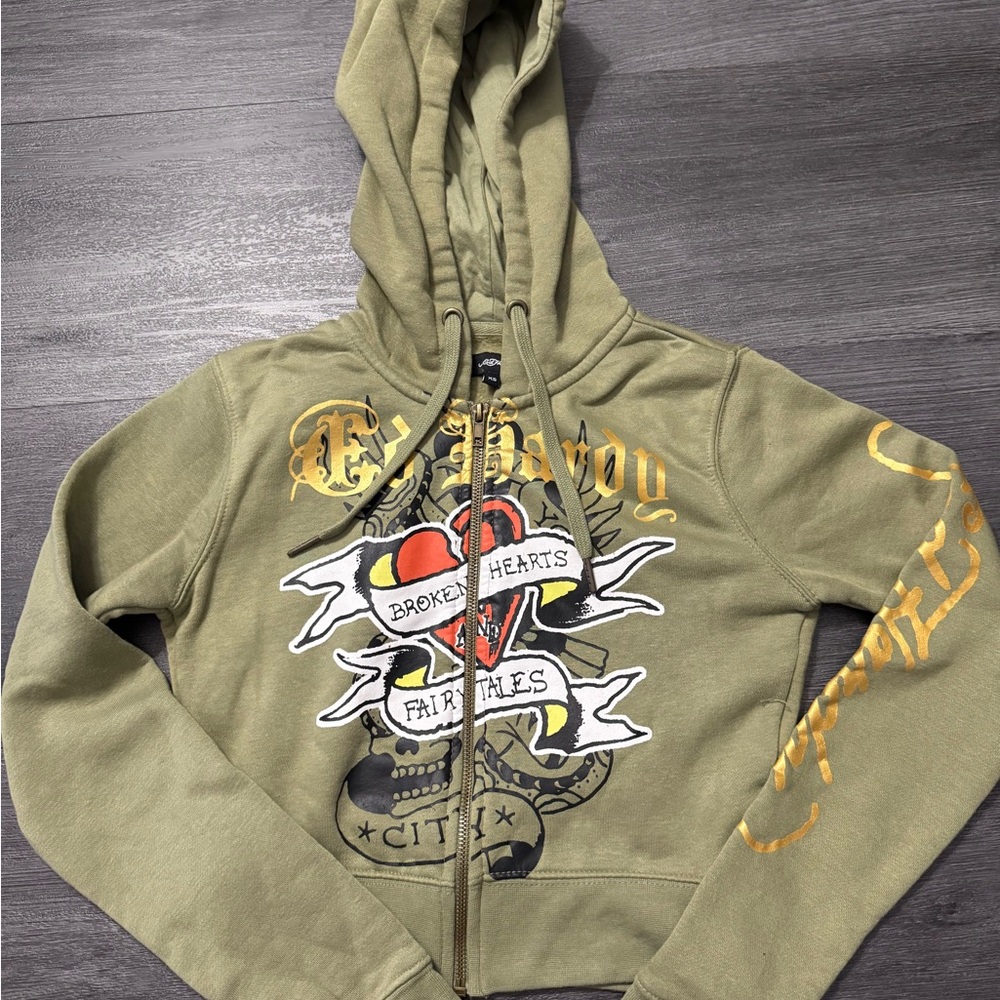 Ed Hardy Green Hoodie with Gold Accents Size XS